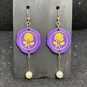 Purple Postage Stamp Rose Dangle Earrings with Pearl Drop